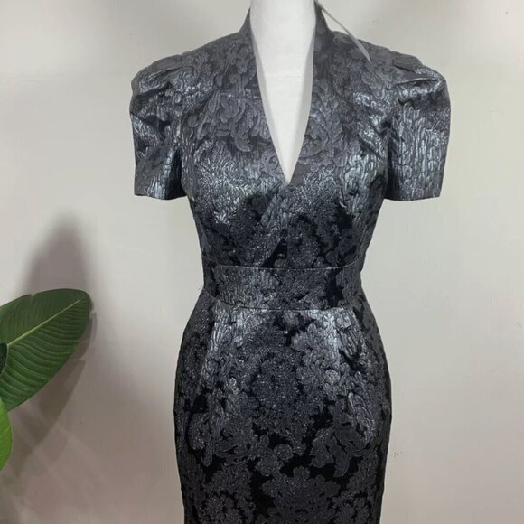 French Connection Art Deco Metallic Dress Silver Deep V Cocktail Party - Picture 15 of 16